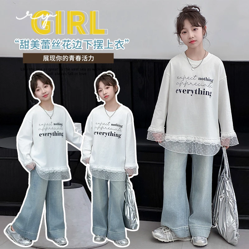 女童新款打底休闲风宽松圆领百搭长袖T恤韩版青春花边甜美秋季潮