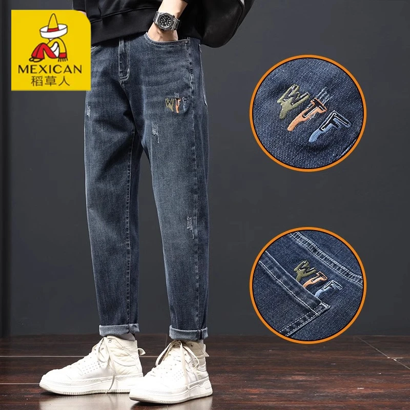 Mexican/稻草人刺绣牛仔裤男款秋季新款潮流宽松百搭直筒休闲裤子