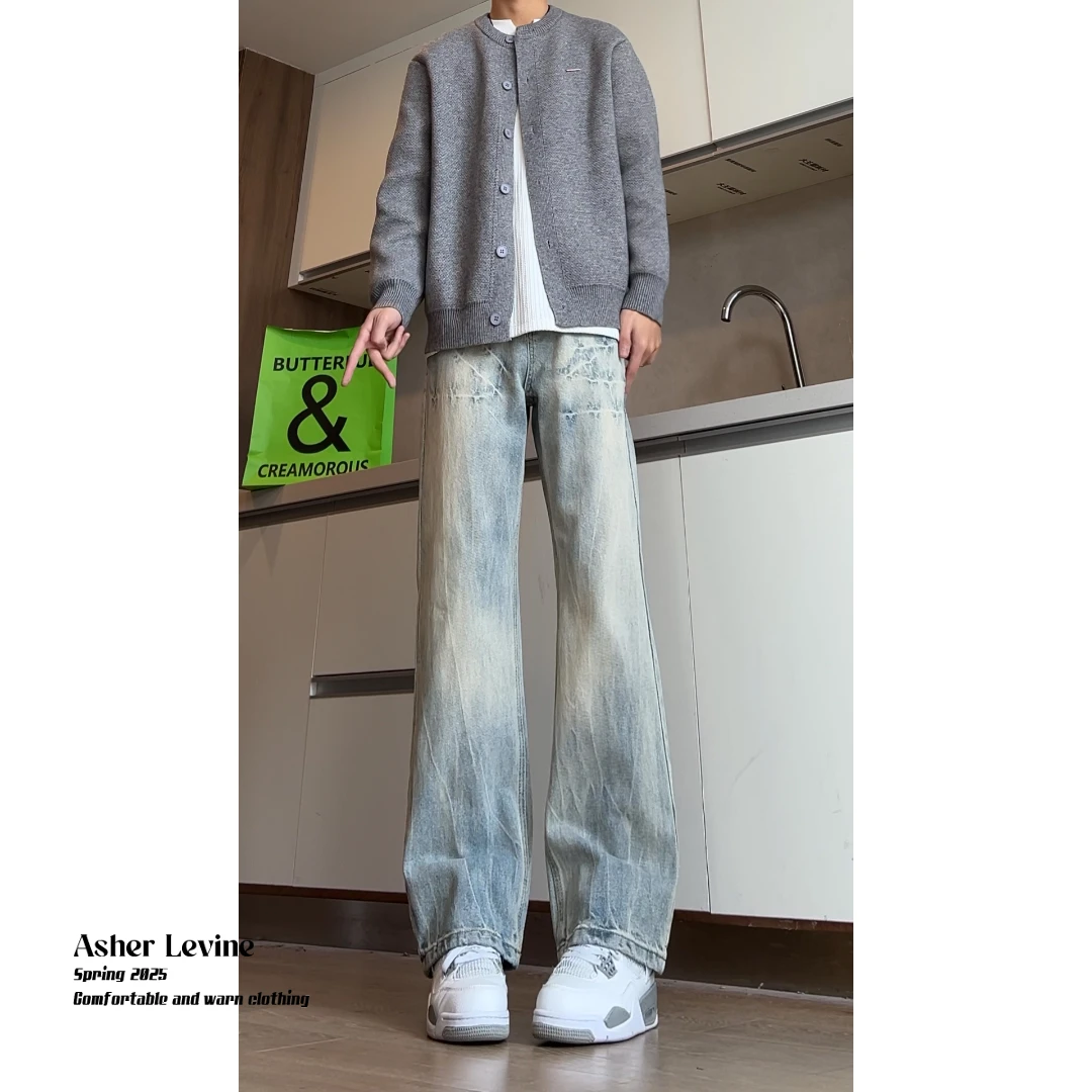 美式高街vibe蓝色牛仔裤闪电爆裂纹男潮直筒微喇显腿长显瘦裤子