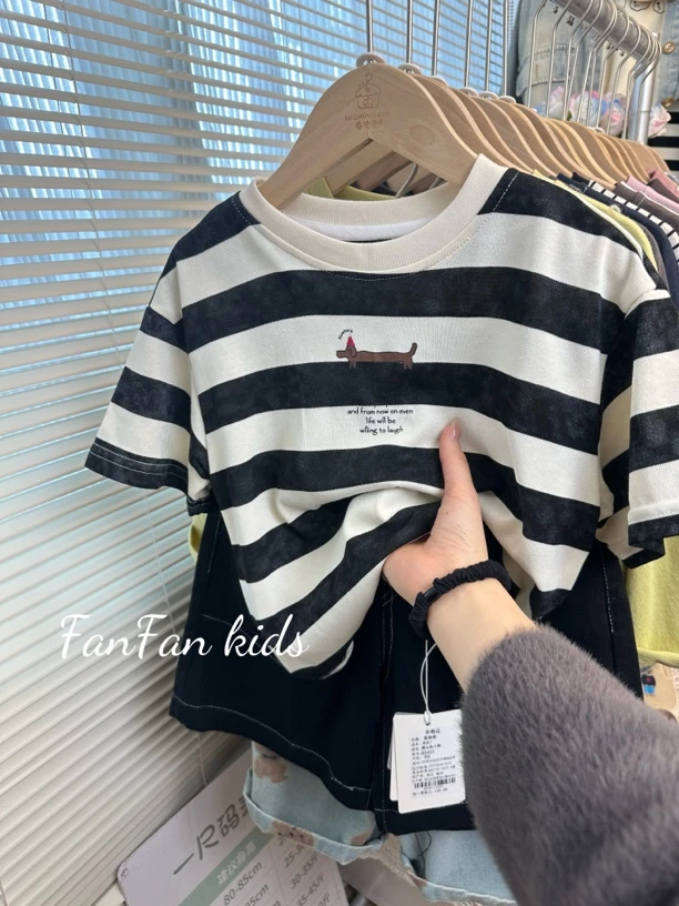 男童圆领短袖2025夏季儿童条纹卡通休闲T恤宝宝洋气上衣薄款