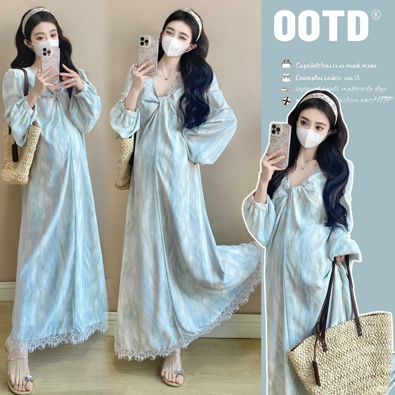 YNVO时尚2025春季新款晕染氛围感蕾丝拼接长袖孕妇装连衣裙长裙