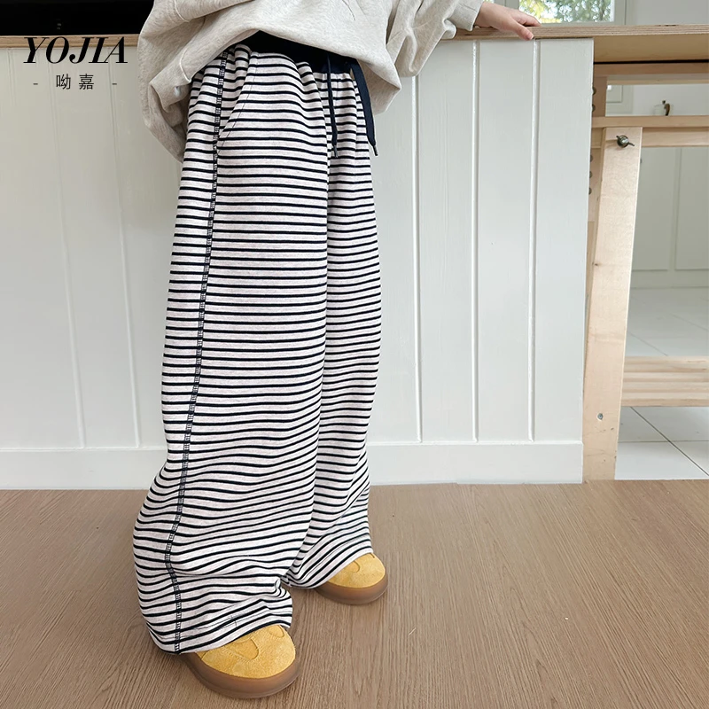 YOJIA女童条纹裤子春款2025新款宽松休闲直筒裤儿童春季卫裤薄款