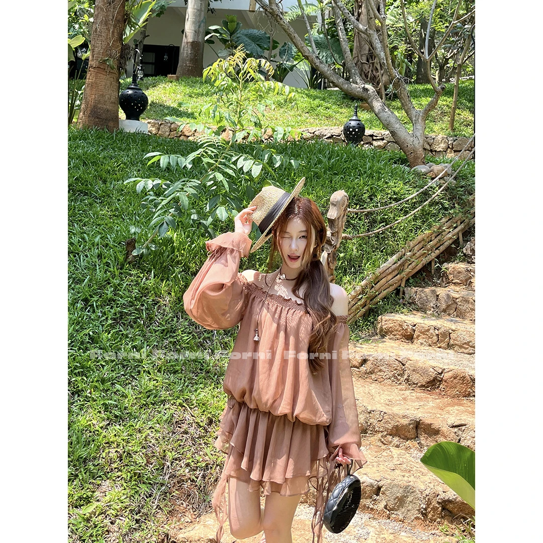 FORNI 酒心可露丽 法式宫廷风雪纺重工荷叶边飘带一字肩上衣