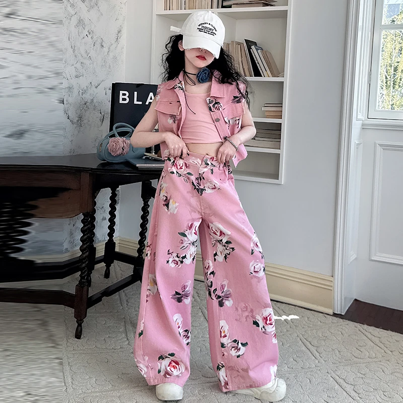 女童玫瑰花套装2025年新款儿童韩版夏装背心马甲阔腿裤甜酷三件套