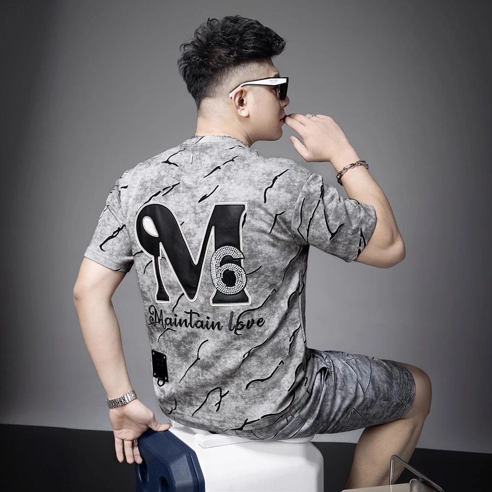 比宾贾瑟欧洲站高端烫钻刺绣破洞短袖t恤男潮牌大牌男装时尚半袖