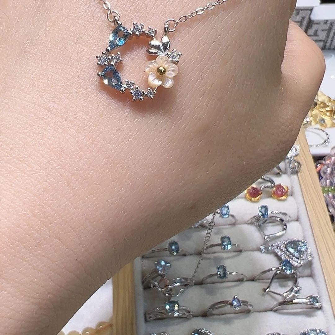 海蓝宝石颈饰银S925镶嵌不退不换