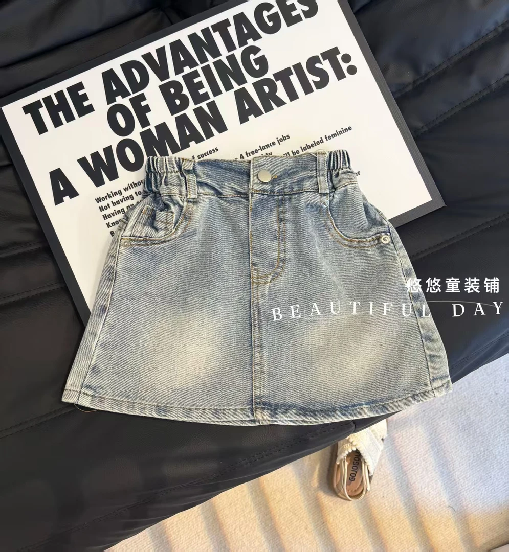 女童夏款时髦半身牛仔裙小女孩防走光内衬短裙儿童百搭磨白包臀裙