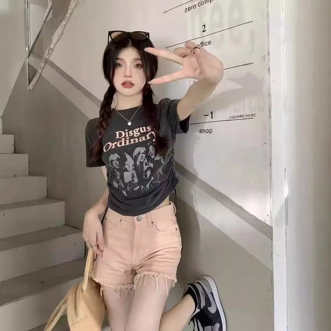 大码美式复古印花短袖T恤女夏季胖设计感抽绳甜酷辣妹短款上衣