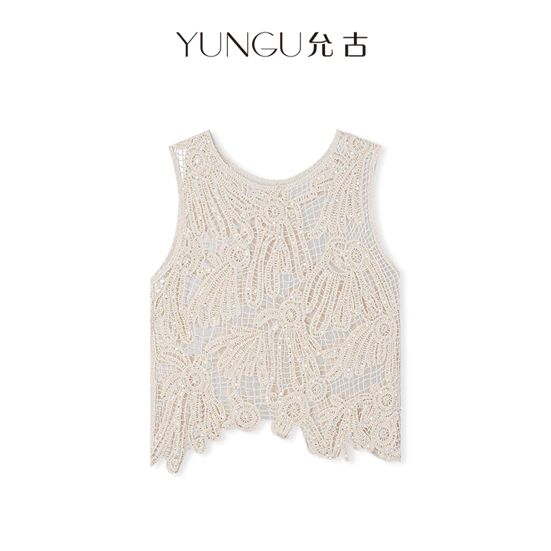 YUNGU允古 2025夏季新款不规则镂空亮片针织衫棉舒适气质百搭罩衫