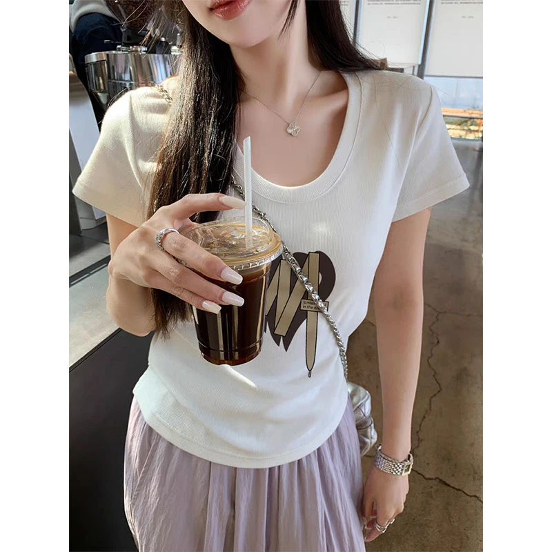 2025新款正肩螺纹短袖t恤女时尚百搭洋气修身打底衫春夏秋季上衣