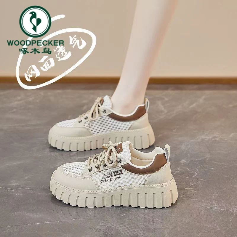 啄木鸟2025夏季网面小白鞋新款女透气增高运动板鞋休闲