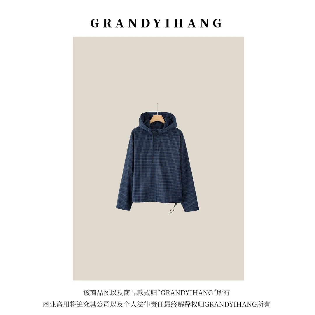 【艳姐推荐】秋冬新款气质格子连帽衫上衣24383