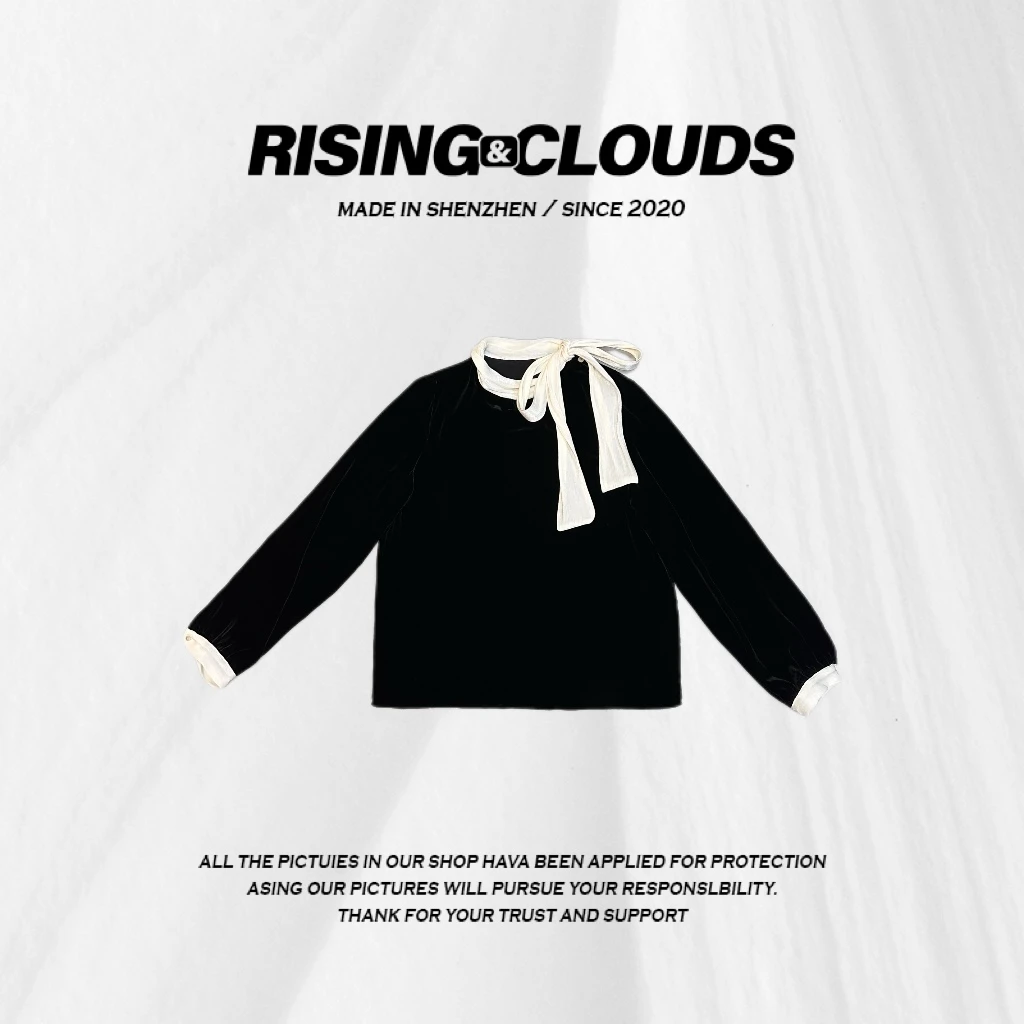 现【一抹阳光】圆领飘带丝绒衬衣上衣010191