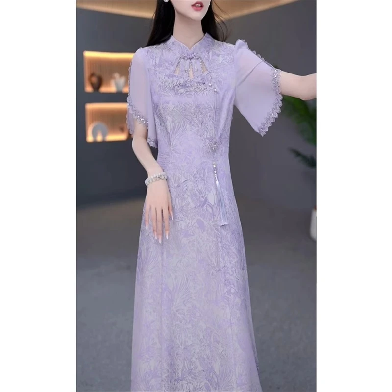 国风高档短袖改良旗袍连衣裙女2025夏季新款气质薄款提花礼服裙子