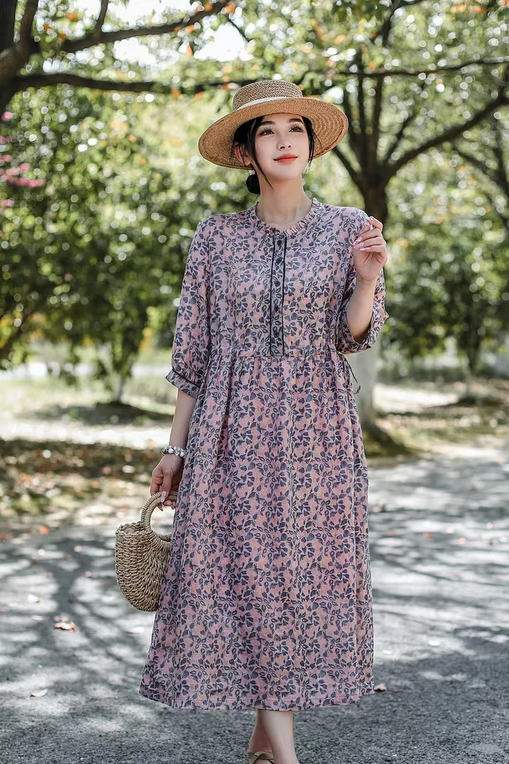 【镶边木耳领】新款西缺春夏苎麻木耳领宽松女装连衣裙碎花七分袖