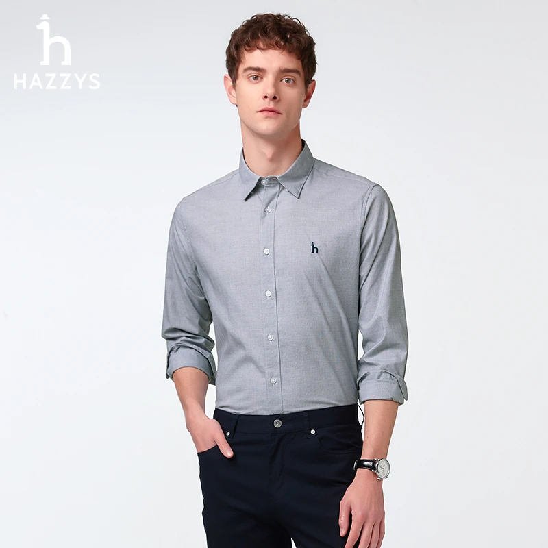 Hazzys哈吉斯春季男士商务通勤休闲衬衫长袖时尚千鸟格衬衣纯棉