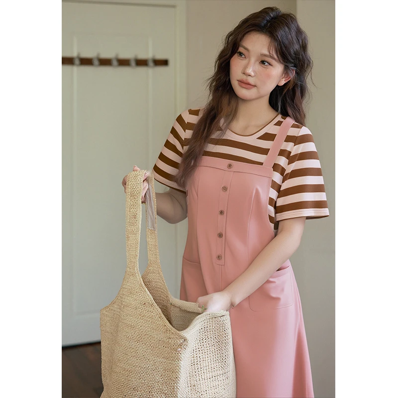 五季家【草莓奶咖】甜美减龄假两件条纹粉色中长款连衣裙ZL54496