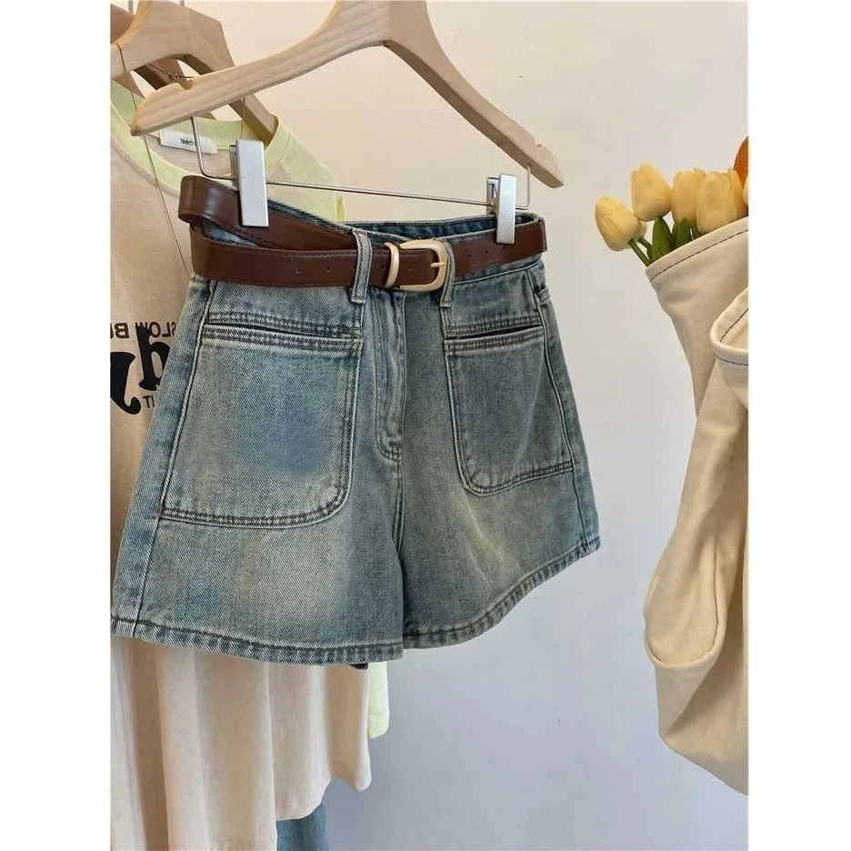 美式辣妹牛仔短裤女夏大码胖mm梨型身材高腰显瘦复古a字热裤子ins