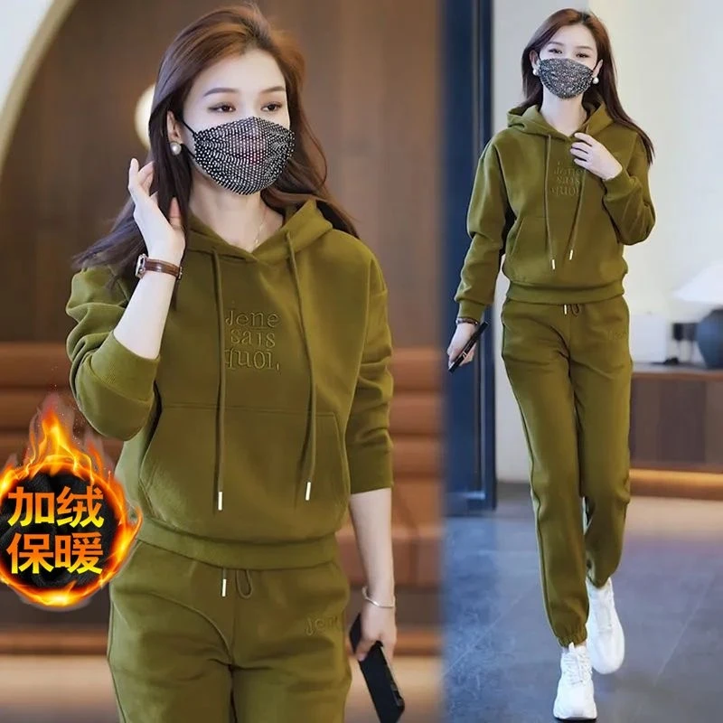 休闲运动套装女2025秋冬新款韩版加绒时尚气质连帽卫衣卫裤两件套
