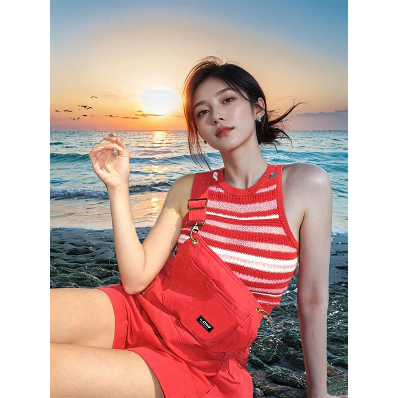 KSKM红色工装吊带背心T恤女2025夏季甜辣多巴胺穿搭小个子上衣