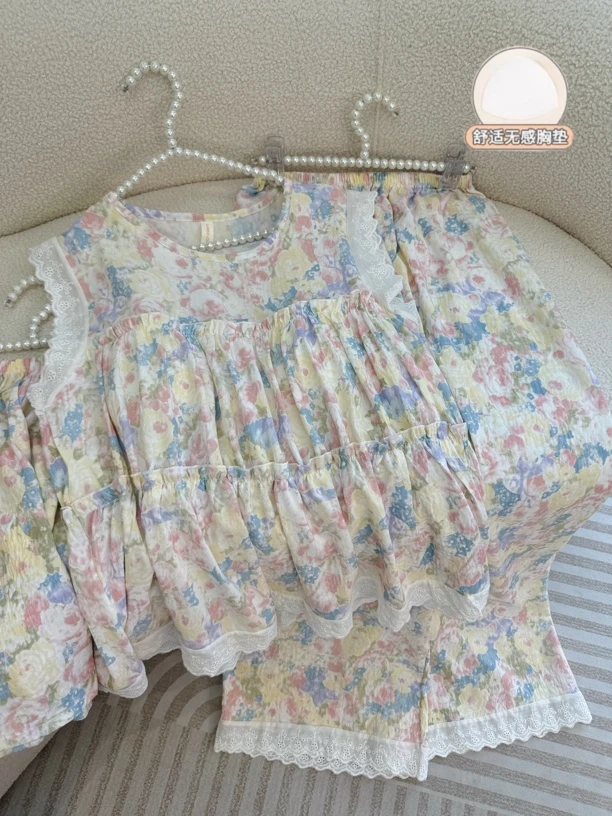 碎花蕾丝女款带胸垫夏季新款女士国风小清新凉爽睡衣家居服舒适