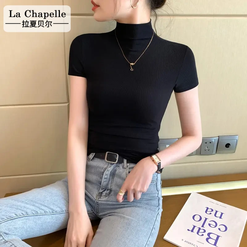 拉夏贝尔螺纹半高领短袖t袖女 2025新款修身气质洋气上衣夏时