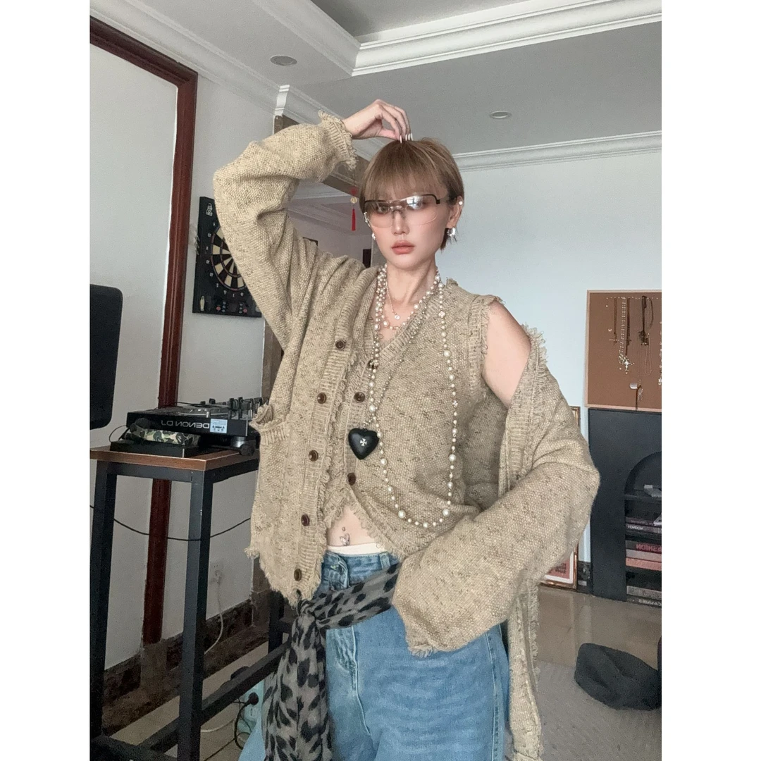 韩系小香风流苏显瘦慵懒松弛感高级感老钱风背心针织开衫时尚套装