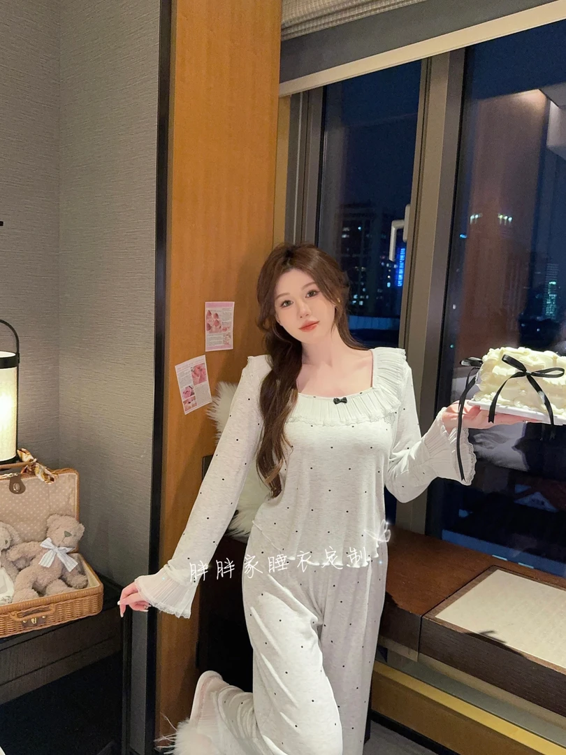 【花仙子】春秋纯欲风睡衣女带胸垫代尔棉显瘦波点可外穿家居服