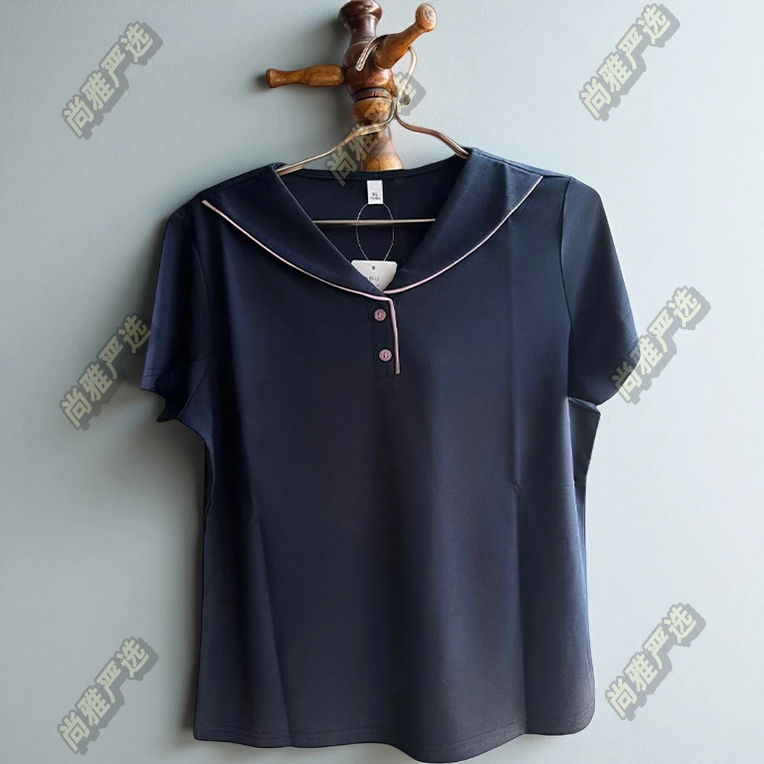 时尚短袖T恤女夏季2025新款纯色海军领半袖透气百搭减龄薄款上衣