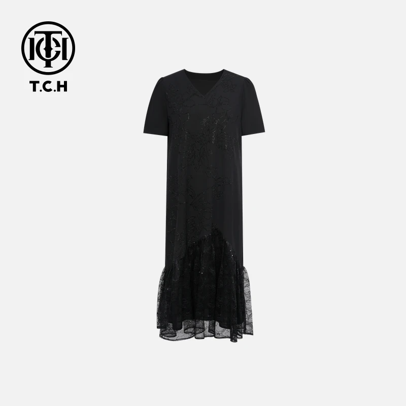 TCH轻奢高定花卉烫钻时尚百搭黑色长款连衣裙T75A30E1022私服tch
