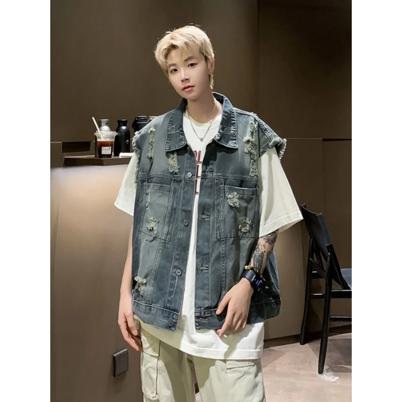 嘻哈美式破洞牛仔马甲外套男潮牌外搭无袖背心痞帅工装外套上衣服