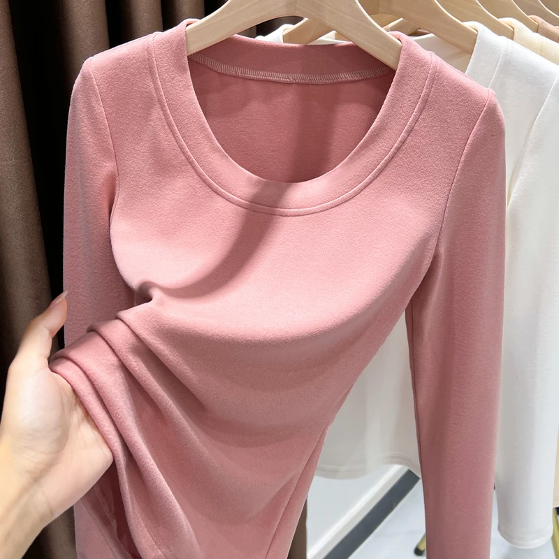 甜美粉色加绒打底衫女秋冬新款拼接圆领设计百搭长袖t恤德绒上衣