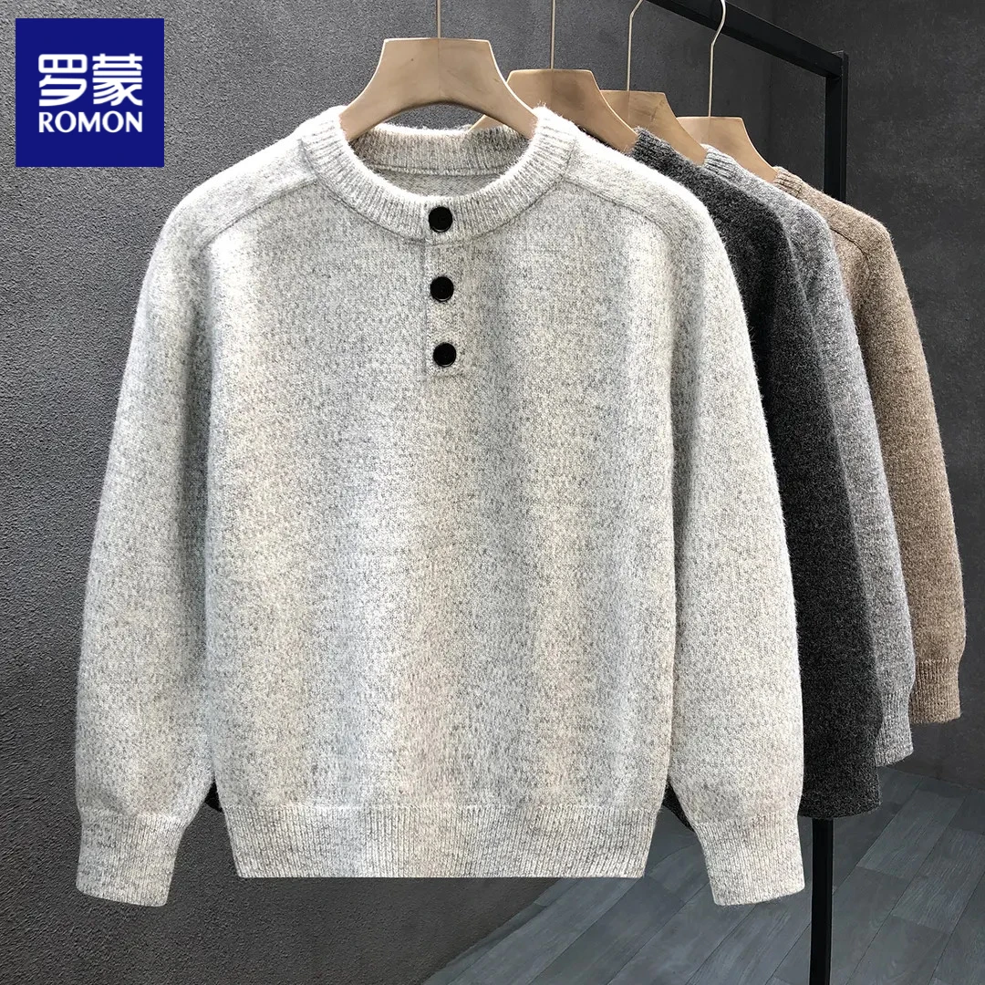 罗蒙高级感白灰色门筒领毛衣潮牌帅气针织衫男士冬季保暖加厚休闲