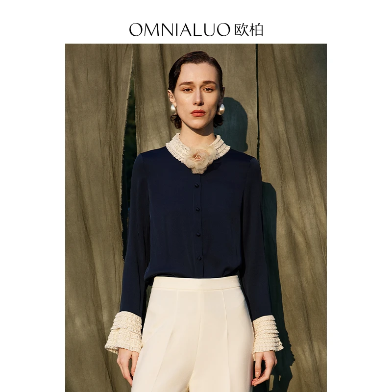 【粉丝专属】欧柏兰奴重磅真丝衬衫女长袖拼蕾丝OL气质桑蚕丝上衣