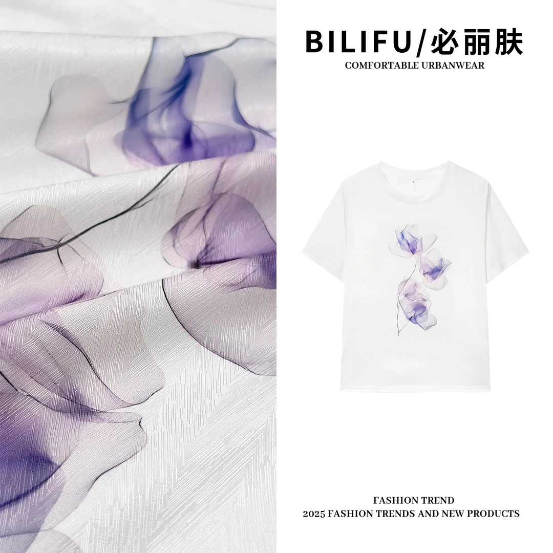 BILIFU/必丽肤 紫荷印花AB面T恤春夏时尚百搭桑蚕丝圆领上衣8905