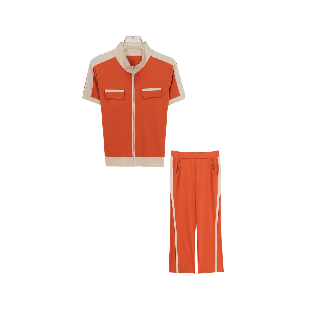 夏季撞色舒适短袖宽松运动休闲裤套装S929