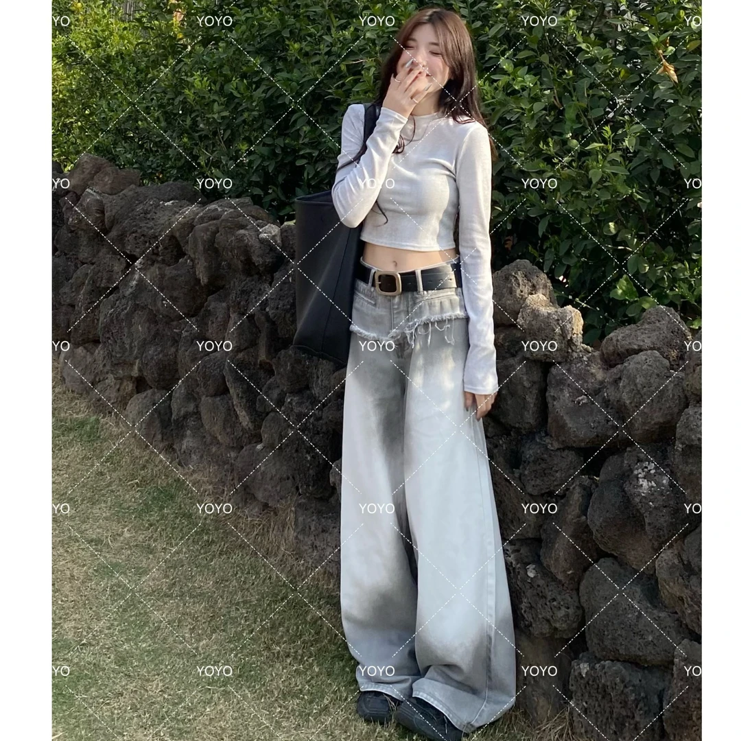 YOYO自制【渐变白牛仔】2025春夏设计感水洗重工牛仔阔腿拖地裤