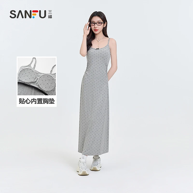 三福连衣裙2025夏季带杯波点印花吊带长裙时尚裙子女装497624