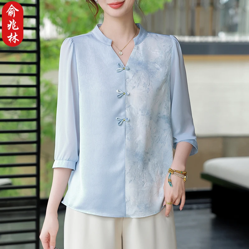 俞兆林中年妈妈七分袖上衣洋气中老年女装夏季套装贵夫人雪纺小衫