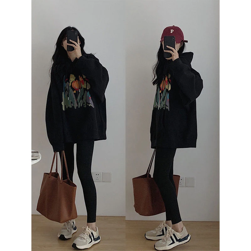 早秋黑色连帽卫衣女2025新款爆款中长款宽松慵懒风加绒长袖上衣冬