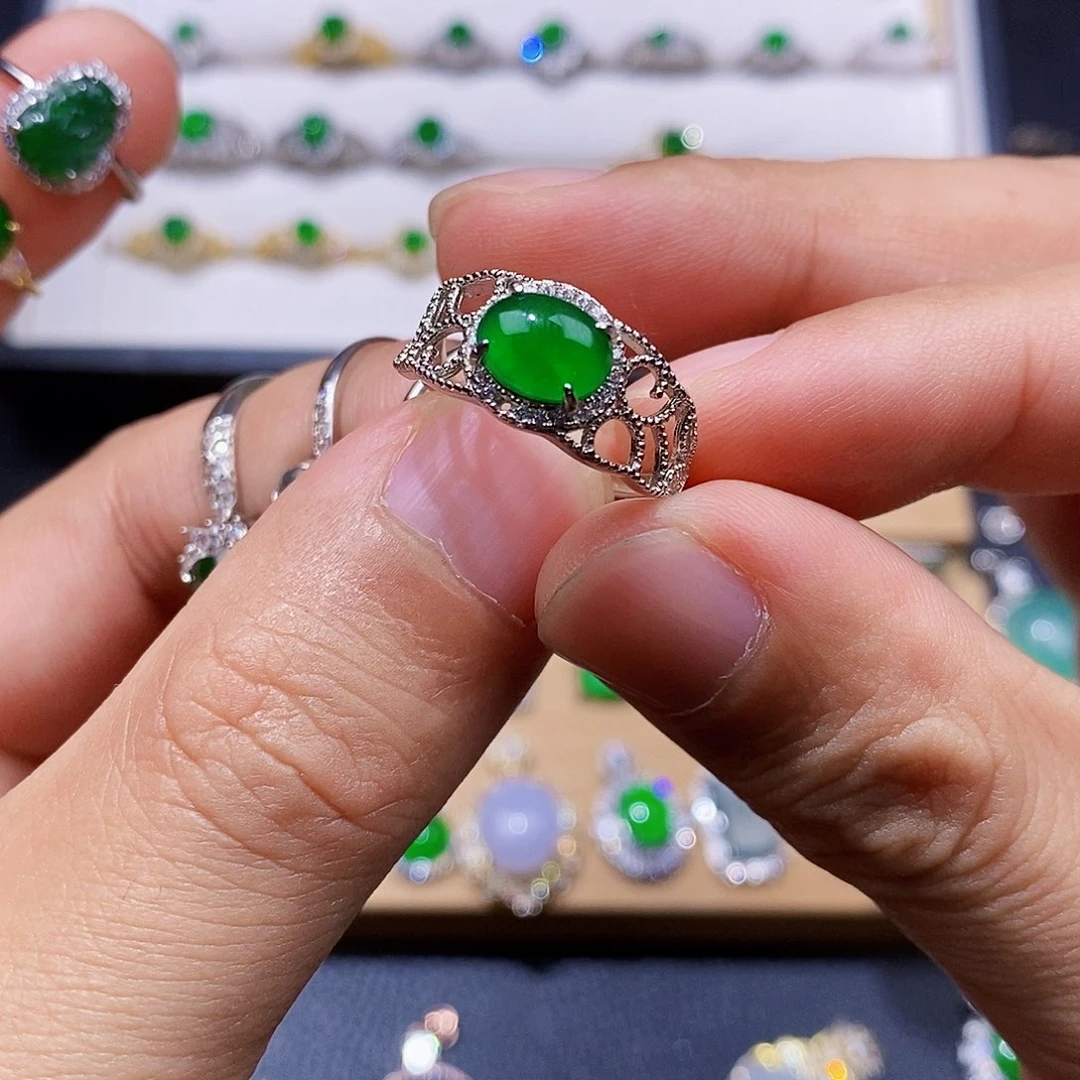 银S925镶嵌戒指翡翠青戒指