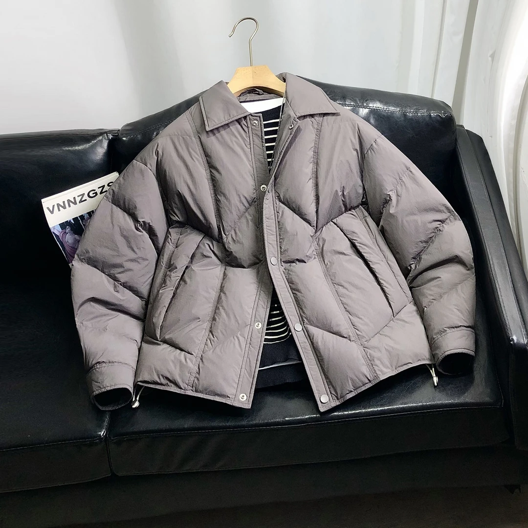 2025冬季翻领夹克羽绒服男90白鸭绒外套菱形格压花设计短款上衣潮