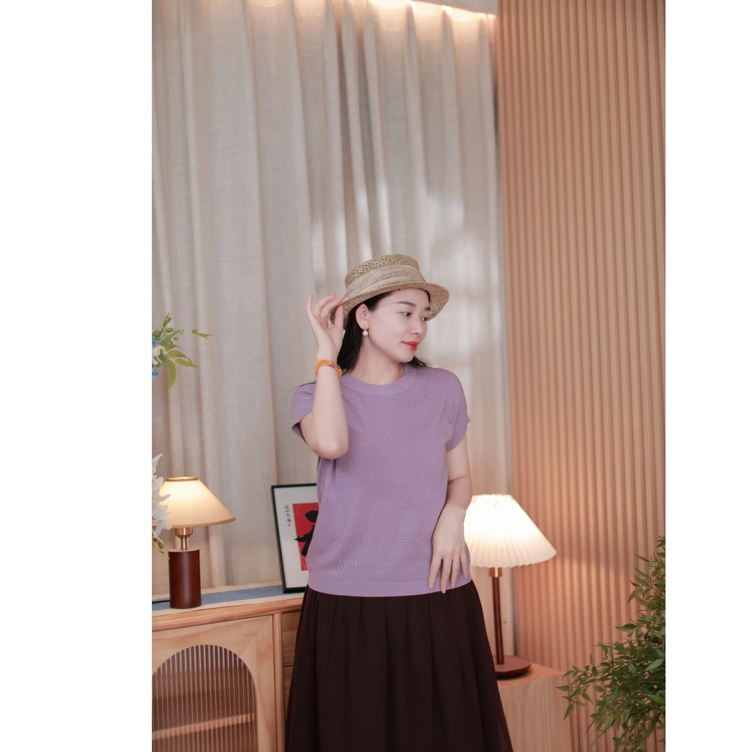 【半满自在】2025夏季亚麻棉肌理圆领套头宽松显瘦小短袖针织上衣