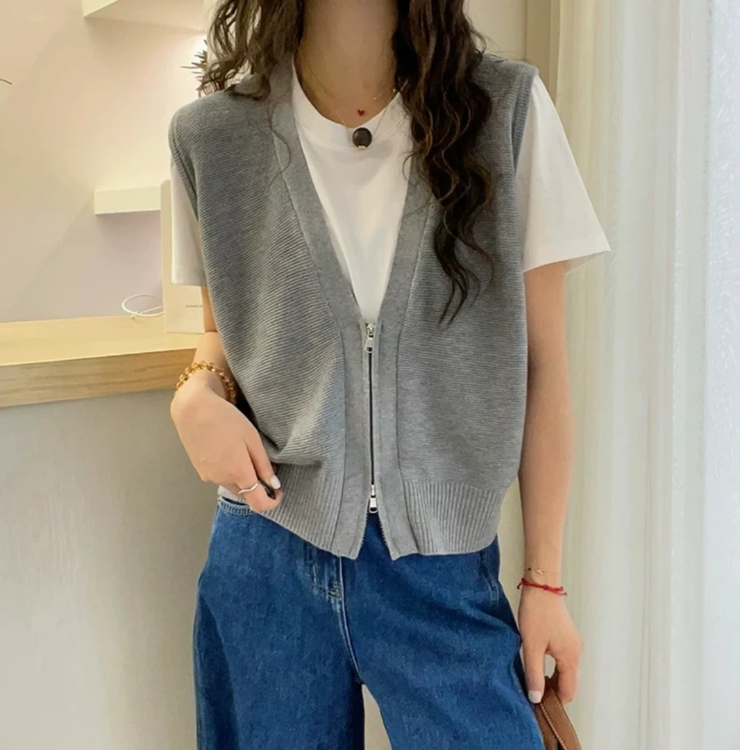冰丝假两件针织衫上衣舒适2025夏季短袖拼接t恤韩版简约设计感