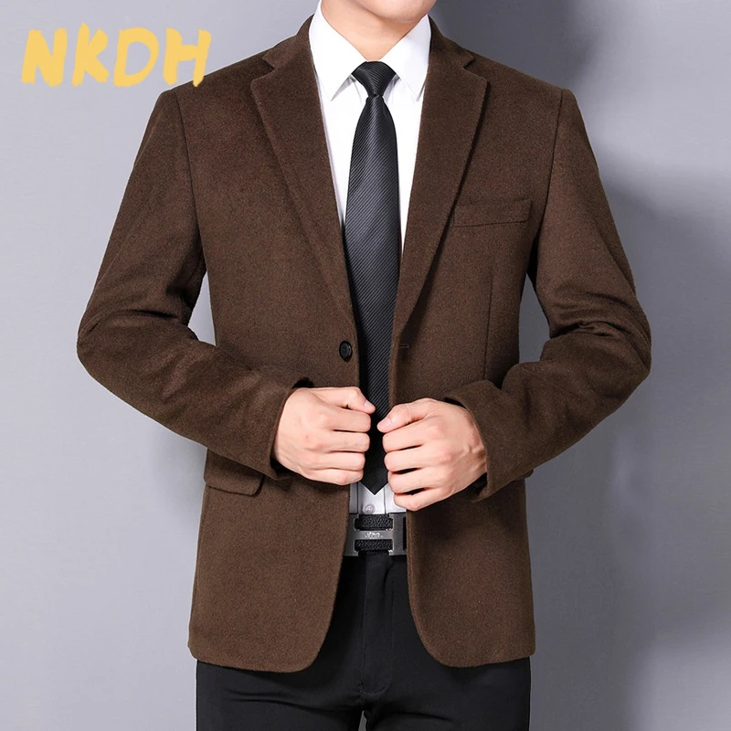 NKDH春秋冬新款男士羊毛西服纯色时尚修身休闲长袖中年西装领西装