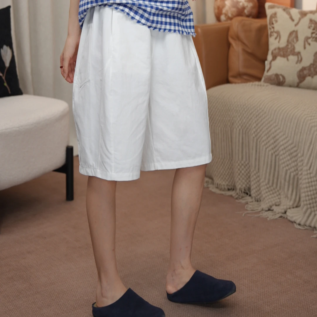 CHENGRAN"素茧"夏季中腰纯色直筒大码复古五分裤