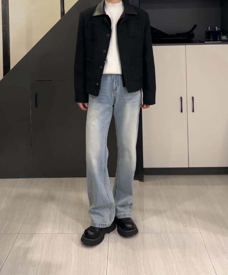 钟世岩2257显腿长潮流水洗复古蓝宽松直筒微喇牛仔裤cleanfit长裤