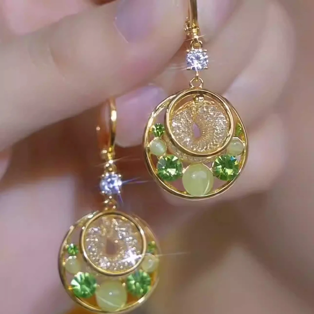 合金耳饰 新款绿色高级感圆圈绿色镶钻耳扣耳环爆款时尚百搭耳饰