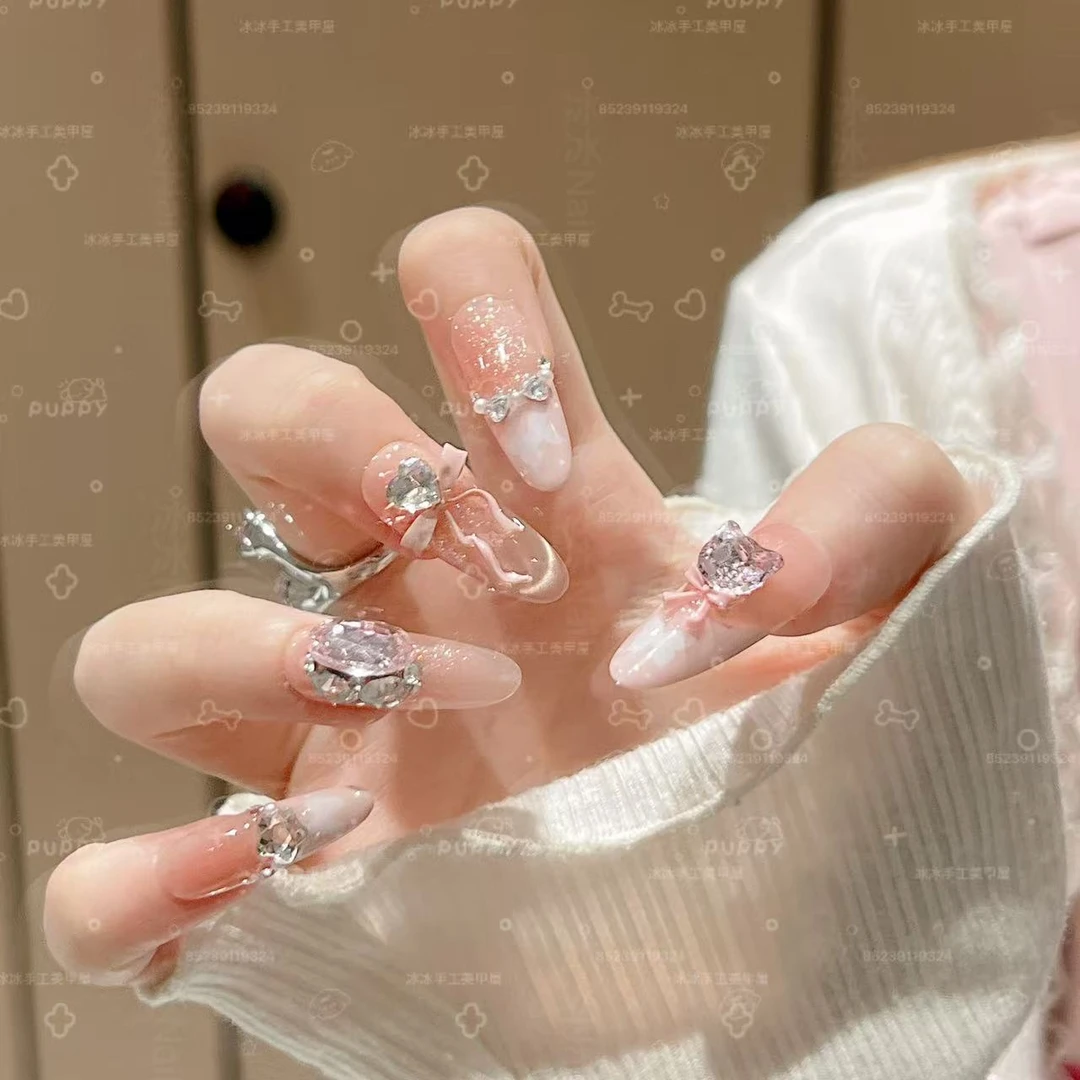 【小猫软糖】新款立体蝴蝶结纯手工穿戴甲金色追光猫眼美甲少女感