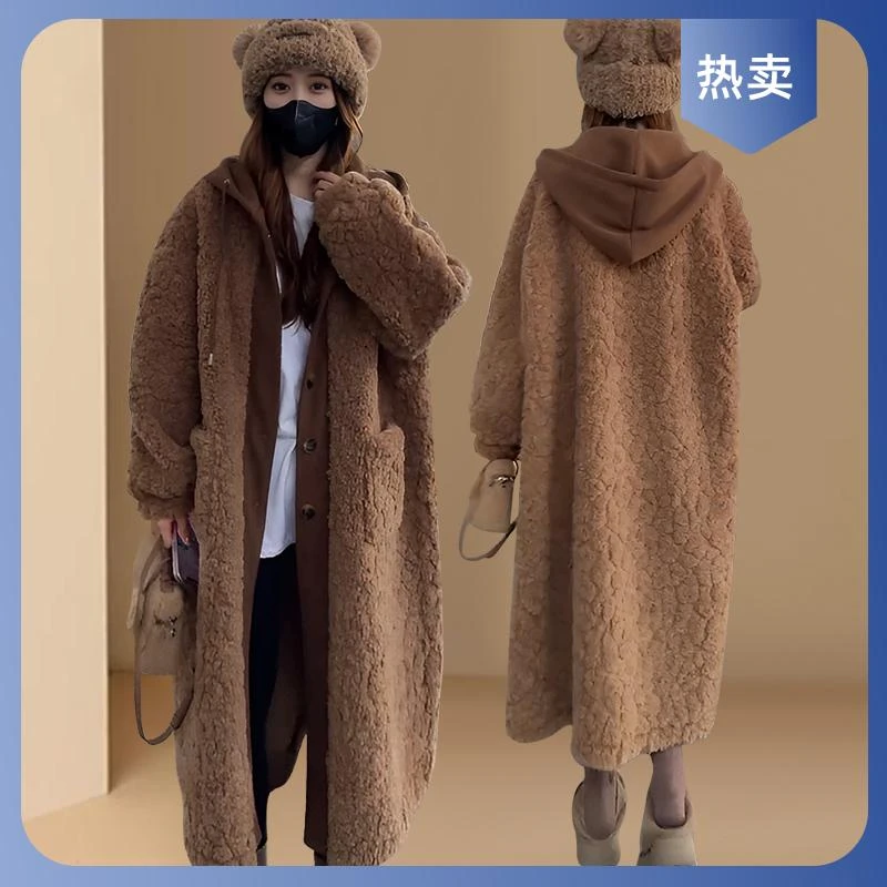 假两件皮毛一体大衣女秋冬新款设计感加厚保暖中长款连帽毛毛外套